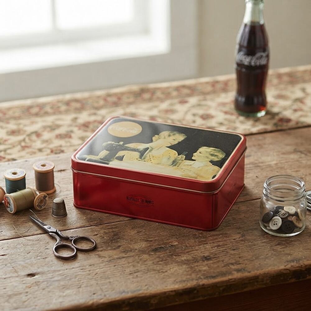 Vintage Coca-Cola Nostalgic Tin Box with Singer Sewing Machine Motif